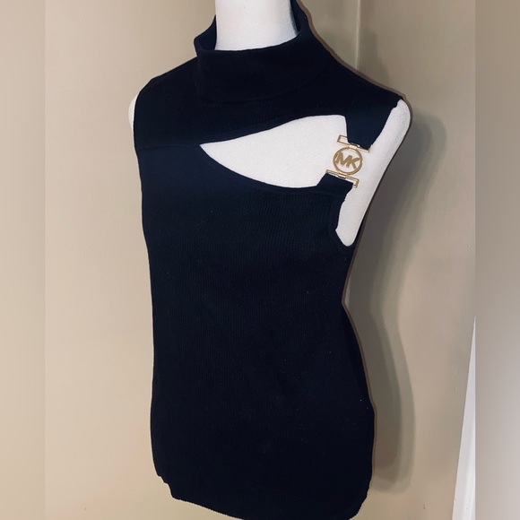 EUC MICHAEL KORS Cut Out Gold Hardware Logo Sleeveless Sweater L - Picture 2 of 7